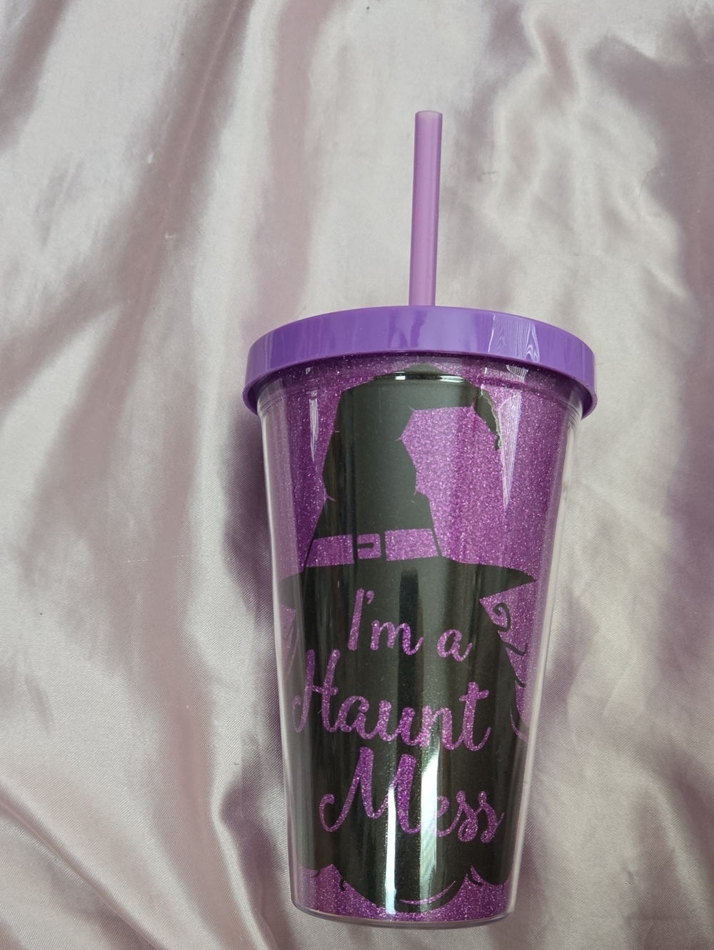 Purple Glitter 'I'm a Haunt Mess' Witch Tumbler with Straw Brand New Never Used